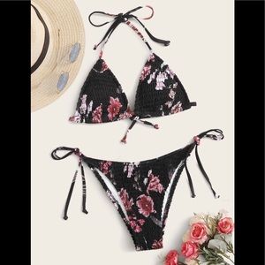 Floral ribbed string bikini